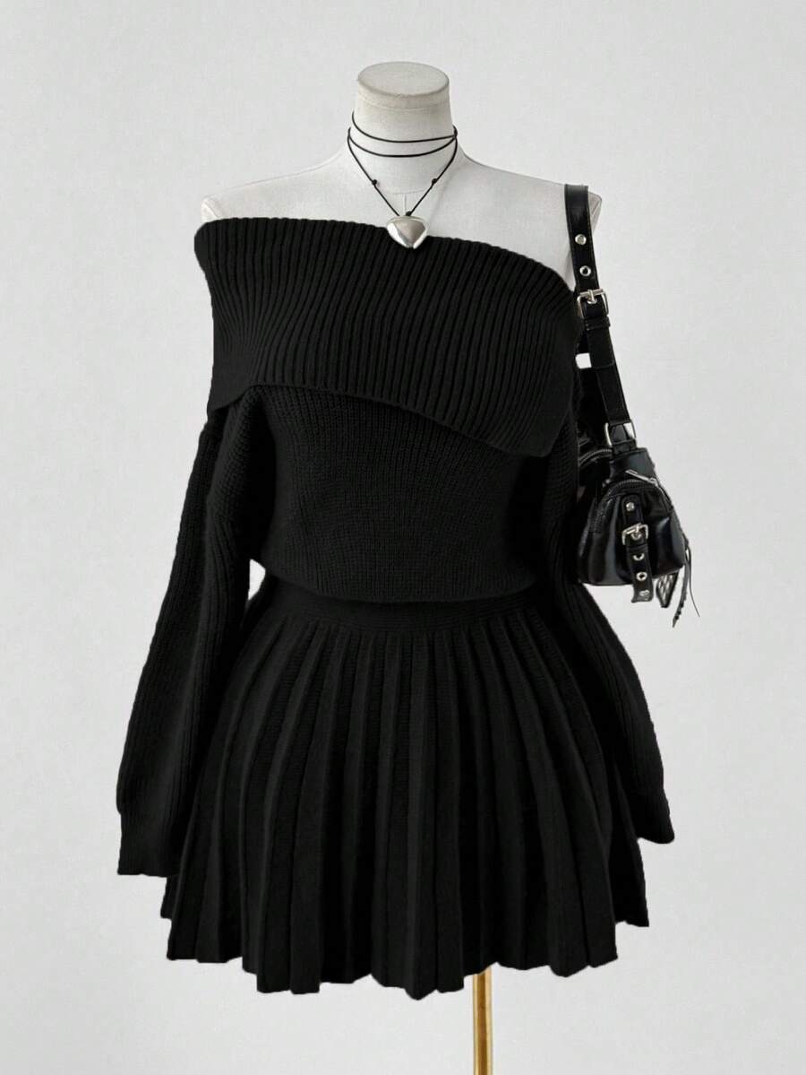 Sunspun Autumn/Winter Fashion Asymmetric Off-Shoulder Solid Color Waist Pleated Dress - Black - View 1
