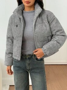 SHEIN PETITE 女士升级款灰色纯色拉链休闲针织外套，适合秋冬季、感恩节、居家和户外活动穿着。 - 灰色 - 查看 4