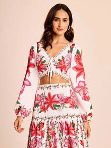 CAJUNI Women's Vacation Colorful Floral V-Neck Front Drawstring Long Sleeve Cropped Print Shirt Blouse - Multicolor - View 3
