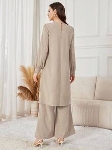 Yasmyna 2件套女士休闲纯色纽扣装饰开叉下摆加长上衣和阔腿裤套装，杏色，秋冬 - 卡其色 - 查看 2