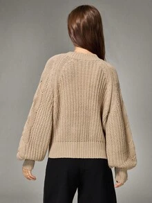 Qadelle Elegant Crew Neck Loose Fit Solid Color Lantern Sleeve Knitted Sweater, Autumn/Winter - Khaki - View 2
