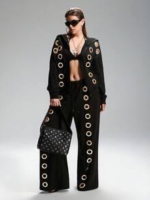 LYSMO Plus Size Metal Eyelet Design Black Sweatshirt, Fashion-Forward For Autumn/Winter - Multicolor - View 5