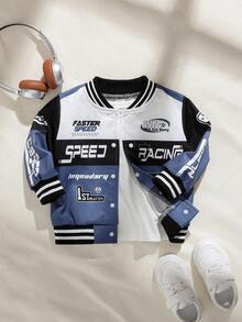 SHEIN Baby Boys' Motorcycle Jacket, Colorblock Letter Print Stand Collar Moto Jacket, Suitable For Autumn/Winter Outings - Blue - View 8