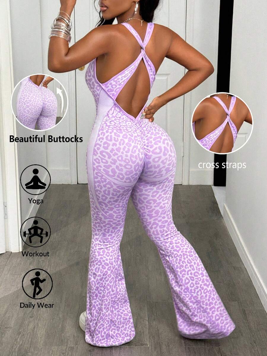 Slaydiva 1 件豹纹 V 领连体裤，背部交叉设计 - 淡紫色 - 查看 1