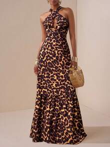 Zivah 2025秋季新款音乐节、复活节、圣帕特里克节、西部风、游牧风、生日派对、毕业典礼、学院风、学生装、日常出游、基础搭配、休闲装、度假装、邮轮旅行、海滩装、日光浴装、网络爆款、街头服饰、婚礼宾客波西米亚风、通勤装、早午餐装、机场装、派对假日出游、性感优雅休闲度假交叉挂脖镂空前镂空后腰收腰A字长裙、豹纹梭织女式超长连衣裙 - 棕色 - 查看 1