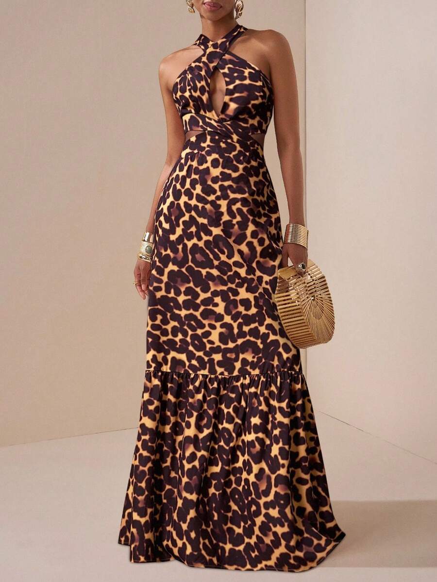 Zivah 2025秋季新款音乐节、复活节、圣帕特里克节、西部风、游牧风、生日派对、毕业典礼、学院风、学生装、日常出游、基础搭配、休闲装、度假装、邮轮旅行、海滩装、日光浴装、网络爆款、街头服饰、婚礼宾客波西米亚风、通勤装、早午餐装、机场装、派对假日出游、性感优雅休闲度假交叉挂脖镂空前镂空后腰收腰A字长裙、豹纹梭织女式超长连衣裙 - 棕色 - 查看 1