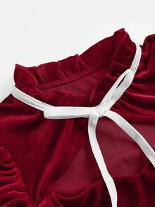 Pitira 少女纯色丝绒蝴蝶结仿珍珠串珠优雅连衣裙，红色圣诞连衣裙，红色连衣裙，派对连衣裙，丝绒连衣裙，蝴蝶结，女童红色连衣裙，女童圣诞服装，少女圣诞连衣裙，少女酒红色连衣裙，青少年冬季连衣裙，少女红色圣诞连衣裙，少女优雅长袖连衣裙 - 酒紅色 - 查看 4