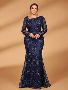 Serin Plus Size Navy Blue Winter Formal Elegant Evening Formal Wedding Guest Dress,Luxurious Asymmetrical Collar Sequin Floral Embroidered Fishtail Gown - Blue - View 6