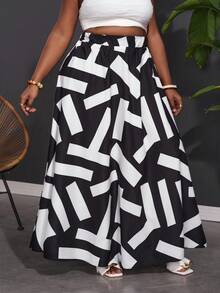 Slaydiva Kích thước lớn Đàn hồi Cao eo Đen & Trắng In hoa Kỳ nghỉ Thời gian rảnh rỗi Thanh lịch Váy midi - C - Đen và trắng - Xem 6