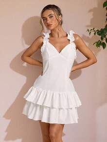 SHEIN BAE 白色纯色 3D 花卉约会/度假连衣裙，露肩甜美性感镂空白色纯色女士连衣裙，公主裙，约会连衣裙，音乐节连衣裙，情人节连衣裙，派对连衣裙，伴娘迷你连衣裙，舞会礼服，休闲工作连衣裙，白色连衣裙，生日迷你连衣裙，毕业礼服，返校连衣裙 - 白色 - 查看 6