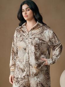 Anewsta Camisa de mujer talla grande cómoda con botones metálicos vintage y estampado de leopardo, otoño/invierno