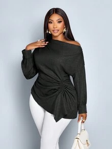 SOLERSUN 女式加大码秋冬纯色不对称领长袖侧抽绳褶饰时尚衬衫，不对称下摆蓝色梭织面料购物约会衬衫 - 黑色 - 查看 1