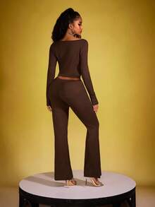 INAWLY 1 Conjunto de Top de manga larga ajustado de cuello oblicuo y pantalones acampanados sexy