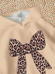 SHEIN 2 pezzi Set di felpa con cappuccio e leggings casual vintage con stampa leopardata e fiocco decorativo per ragazze, colore cachi, comodo per autunno/inverno