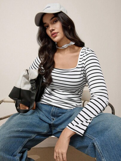 SHEIN LUNE Plus Size Spring Autumn Winter Square Neck Waist Ruched Striped Print Casual Sports Stretch Fitted T-Shirt Tops With Sleeves Travel Outfit Airport