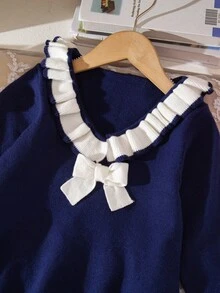 Young Girl' Fashion French Bow Navy Blue Knitted Sweater Dress, Autumn/Winter - Royal Blue - View 3