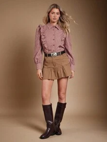 WESTFADE 前襟纽扣荷叶边长袖棉混纺格子衬衫，可爱秋季上衣，休闲牛仔女装，秋季，秋季，波西米亚风，冬季，乡村音乐会，西部女装 - 彩色 - 查看 5