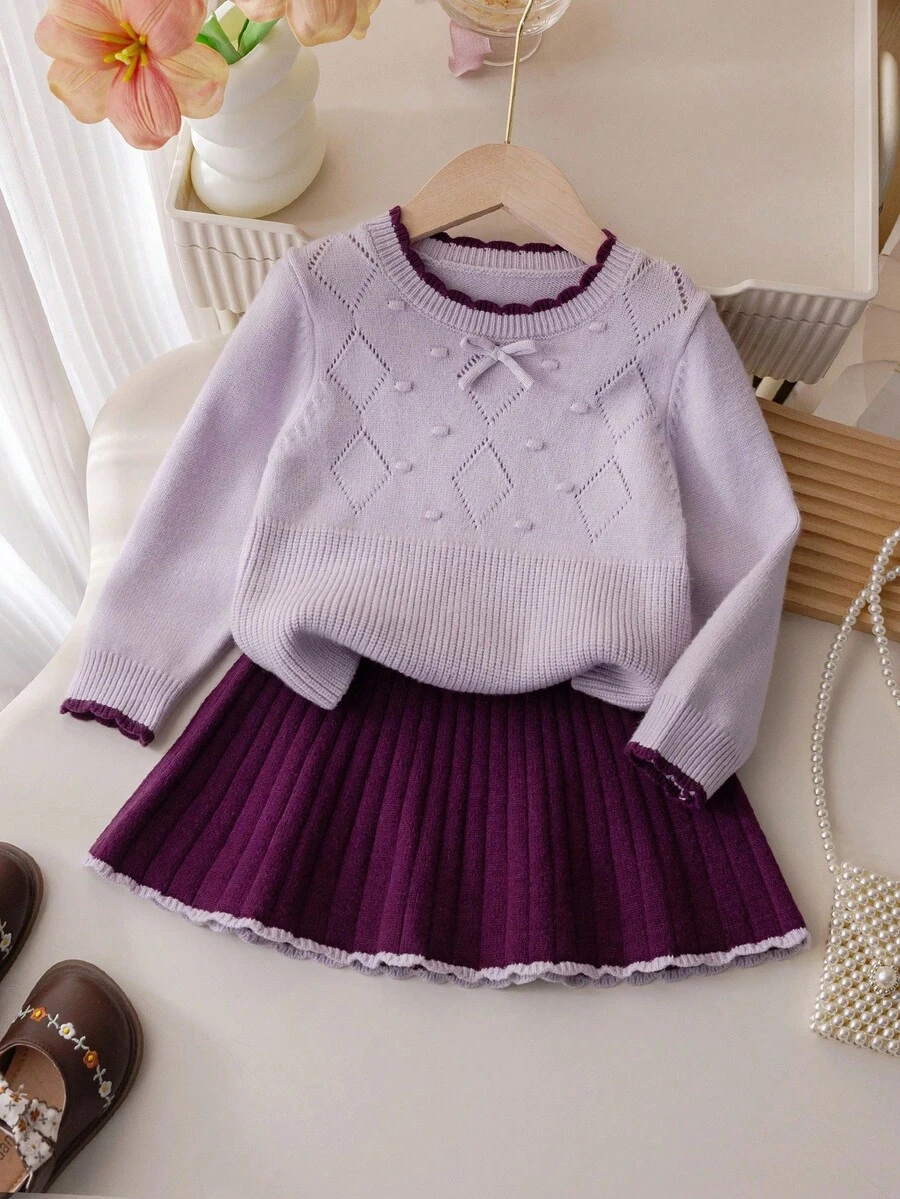 Souflis Souflis 4-7 Jahre alte Mädchen Traumhafte Prinzessin Stil Lila Gestrickter Pullover Set, mit aufwendigem Diamantmuster und Schleifenakzent, ideal für Schule, Kinderpartys oder Familientreffen im Frühling, Herbst und Winter - Violett - Übersicht 1