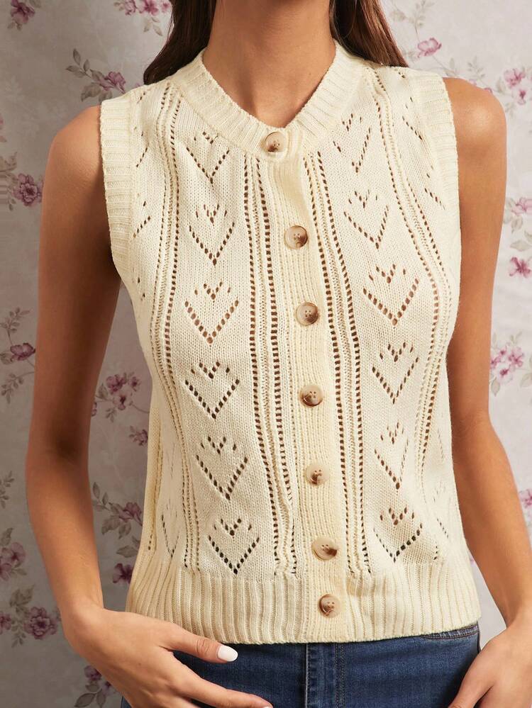 Enchnt Autumn/Winter Romantic  Women's Casual Versatile Apricot Crew Neck Hollow Out Knitted Vest, Sweet&Elegant&Fashionable For Vacation&Date&Holiday&Birthday&Party&Graduation&Wedding Guest&Office&Going Out,Back To School,Fall Sweaters For Women,Autumn Clothes - Apricot - View 7