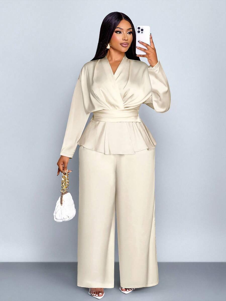 SOLERSUN Ensemble femme grande taille, couleur unie, élégant, col V, manches longues, satin, ourlet asymétrique chemise et pantalon droit jambe large, élégant, deux pièces, décontracté, ample, polyvalent pour tous les jours