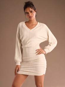 Calvaya Casual Women's Apricot V Neck Bodycon Mini Dress, Designed With Ribbed Fabric, Batwing Long Sleeves, And Flattering Ruched Details For A Look Sweater Dresses Knit Dress - Apricot - View 5