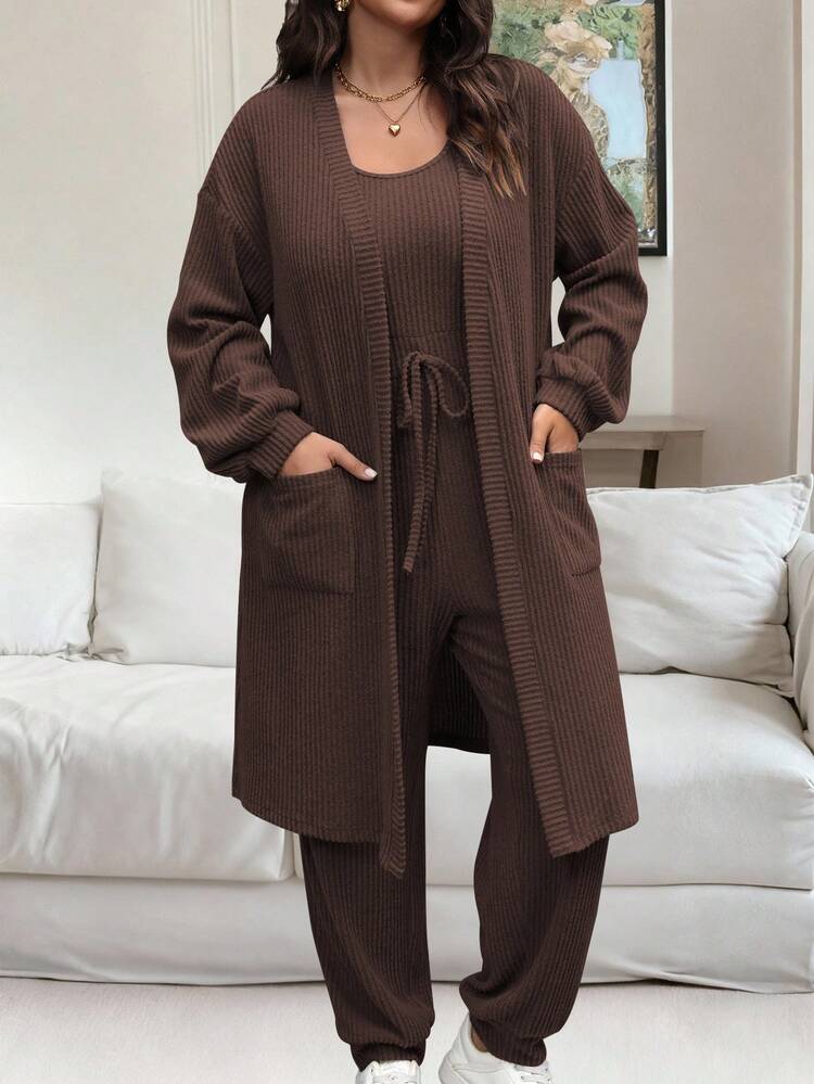 Plus Size Women's Solid Color Drop Shoulder Long Sleeve Open Front Jacket And Waist Tie Sleeveless Jumpsuit Casual 2 Pieces Set Fall Cloth For Women Brown Three Piece Outfit Women Brown Knit Set Plus Size Two Pieces Set Brown Two Pieces Set Women Women Brown Lounge Set - Chocolate Brown - View 6