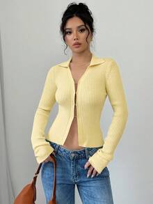 Elenzga Áo khoác cardigan dệt kim ôm sát cổ bẻ tay loe màu trơn dành cho nữ - Màu vàng - Xem 6