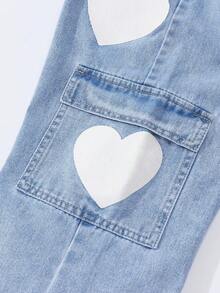 SUMWON 心形图案阔腿高腰工装牛仔裤 Y2K 可爱下装松紧腰牛仔裤街头服饰节日时尚夏春系列 - 中等水洗藍 - 查看 4