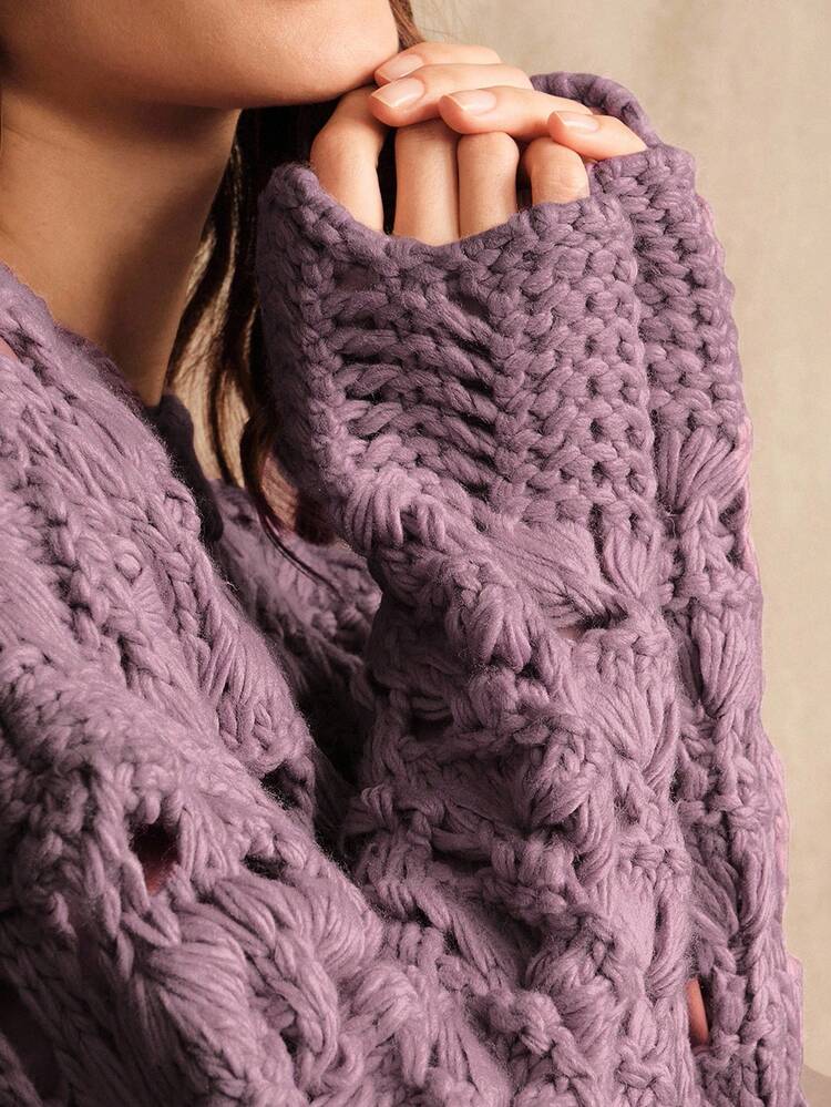 Maglione da donna con scollo a ciambella, in filato islandese traforato, con design a orlo ondulato, adatto per il Ringraziamento, il Natale, il Capodanno, l'autunno/inverno, feste, elegante, di lusso, formale, chic, Ognissanti