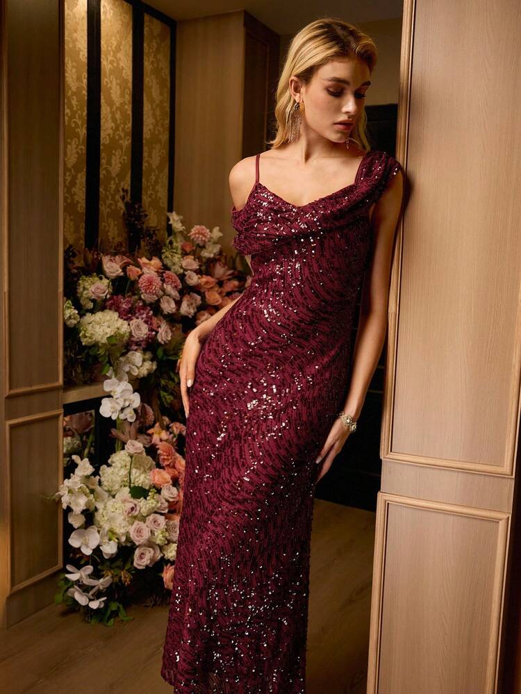 SEQUIN ASYMMETRIC SHOULDER MERMAID HEM DRESS