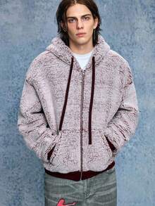 ROMWE MEN Casual Sudadera con capucha con cremallera de forro polar gris-púrpura para hombre, otoño/invierno - Morado - Ver 7