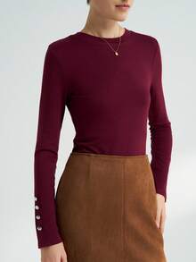 Airaco Camiseta ajustada de unicolor casual para mujer, otoño - Burdeos - Ver 6