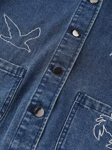 GlowEve 女式休闲牛仔夹克，带鸟类印花，长袖，单排扣，秋季 - 深色水洗藍 - 查看 5