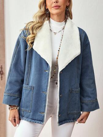 EMERY ROSE معطف جينز كاجوال للنساء مع بطانة حرارية، ياقة كبيرة، أحادي الصدر، أكمام طويلة، مناسب للخريف/الشتاء