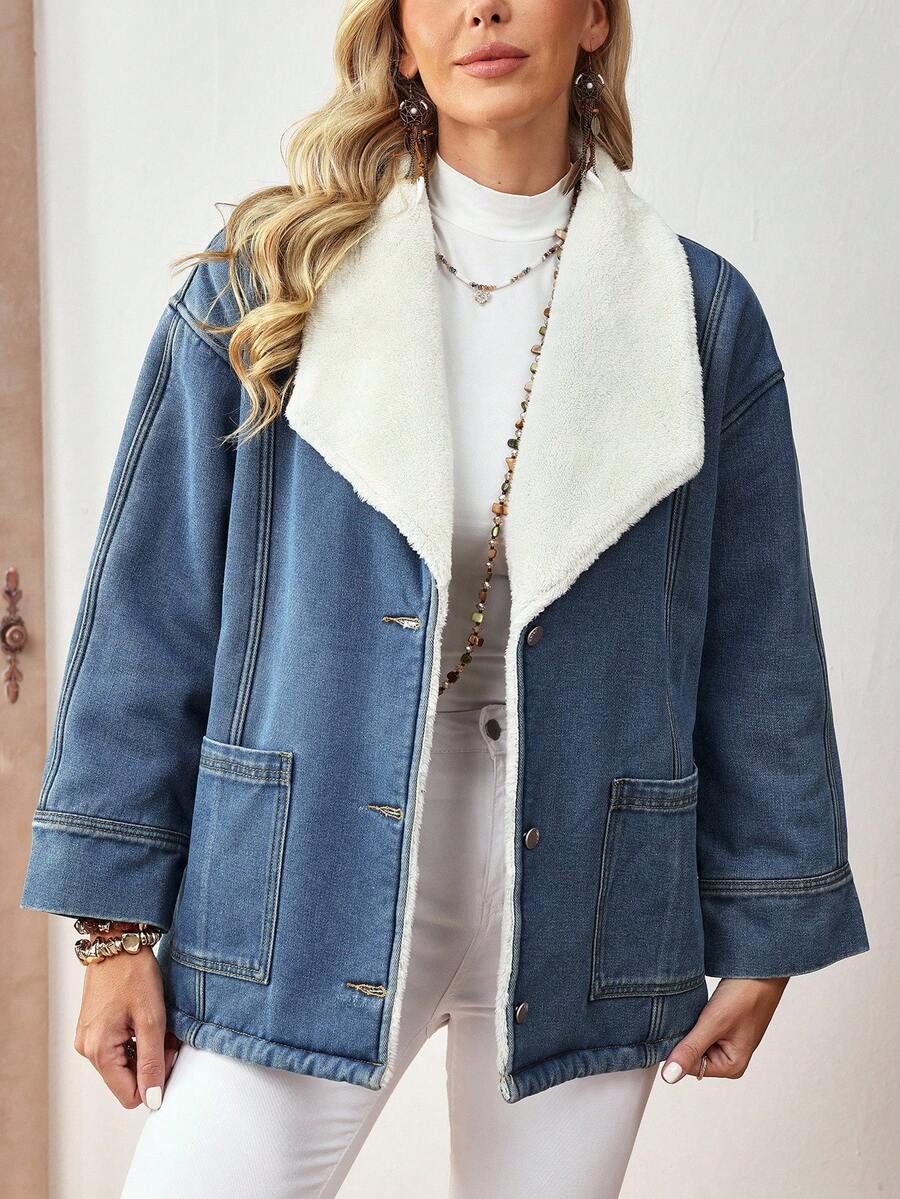 EMERY ROSE 女士休闲牛仔夹克，带保暖衬里，大翻领，单排扣，长袖，适合秋冬季 - 淺色水洗藍 - 查看 1