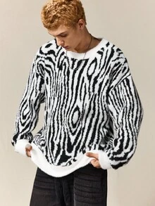 ROMWE MEN Street Life Jersey de cuello redondo casual con estampado de cebra para hombre, otoño/invierno - Blanco y Negro - Ver 6