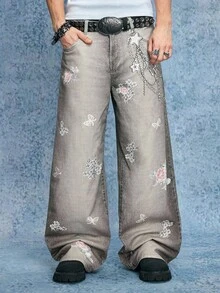 ROMWE MEN Street Life Men's Floral Print Pocket Wide Leg Loose Casual Jeans, Grunge - Brown - View 1
