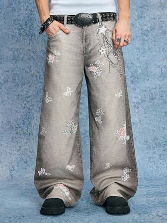 Grunge Punk Herren Jeans mit weitem Bein, lässig, mit Blume Muster und Tasche, Grunge-Stil