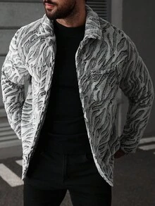 Manfinity LEGND 男士斑马纹长袖单排扣口袋羊毛夹克，秋冬 - 彩色 - 查看 4