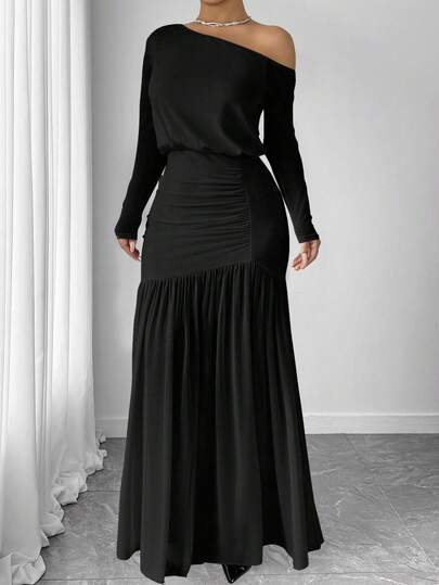 Elenzga Plus Size Fashionable Party Solid Color Asymmetric Neck Dress