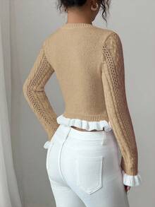 Elenzga Áo khoác cardigan ngắn cổ tròn dệt kim ôm sát mới cho nữ mùa thu, thiết kế nút kim loại, dễ thương cho ngày lễ tình nhân, đa năng - Màu be - Xem 2