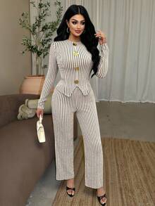 Vavine 2pcs Apricot & Black Striped Elegant Metal Button Decor Long Sleeve Lightweight Women Set - Multicolor - View 1