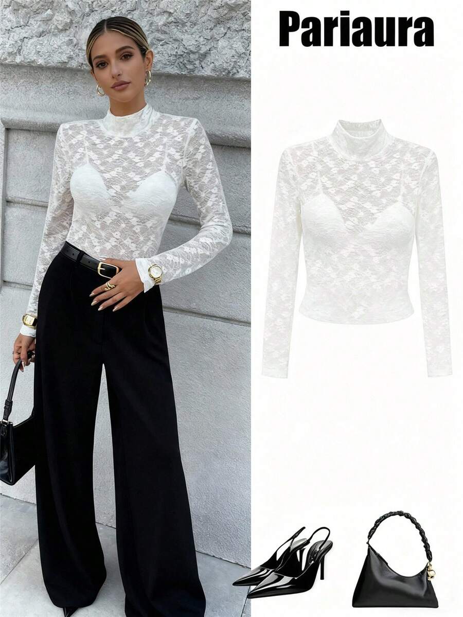 Chiquease 百搭修身蕾丝长袖高领 T 恤，打底上衣 - 杏色 - 查看 1