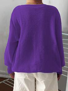 EMERY ROSE Plus Size Women Cable Pattern Crew Neck Long Sleeve Casual Pullover Sweater, Autumn/Winter - Purple - View 2