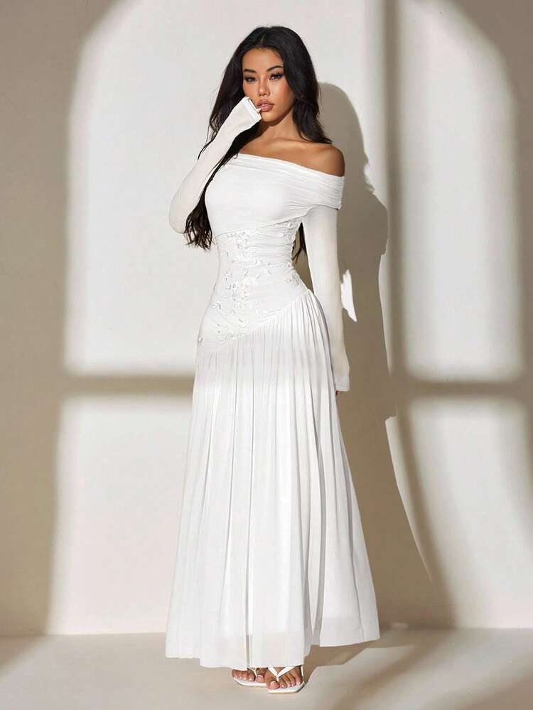 SHEIN PETITE New Style One-Shoulder Long-Sleeved Contrasting Mesh Embroidery Asymmetrical Hem Splicing Super Long High Elastic Slim Dress Elegant And Romantic,Wedding Guest Dress Women White Elegant Dresses White Engagement Dress White Church Dress White Dress With Sleeves White Formal Evening Gown,Dresses For Women Elegant,New Year Dress ,Elegant Party Dresses - White - View 5