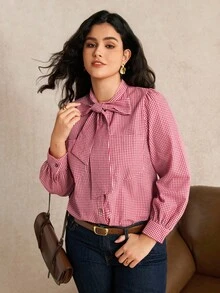 EMERY ROSE Casual French Romantic Retro Elegant Linen Tie Bow Plaid Shirt, Commuting Style - Red - View 5