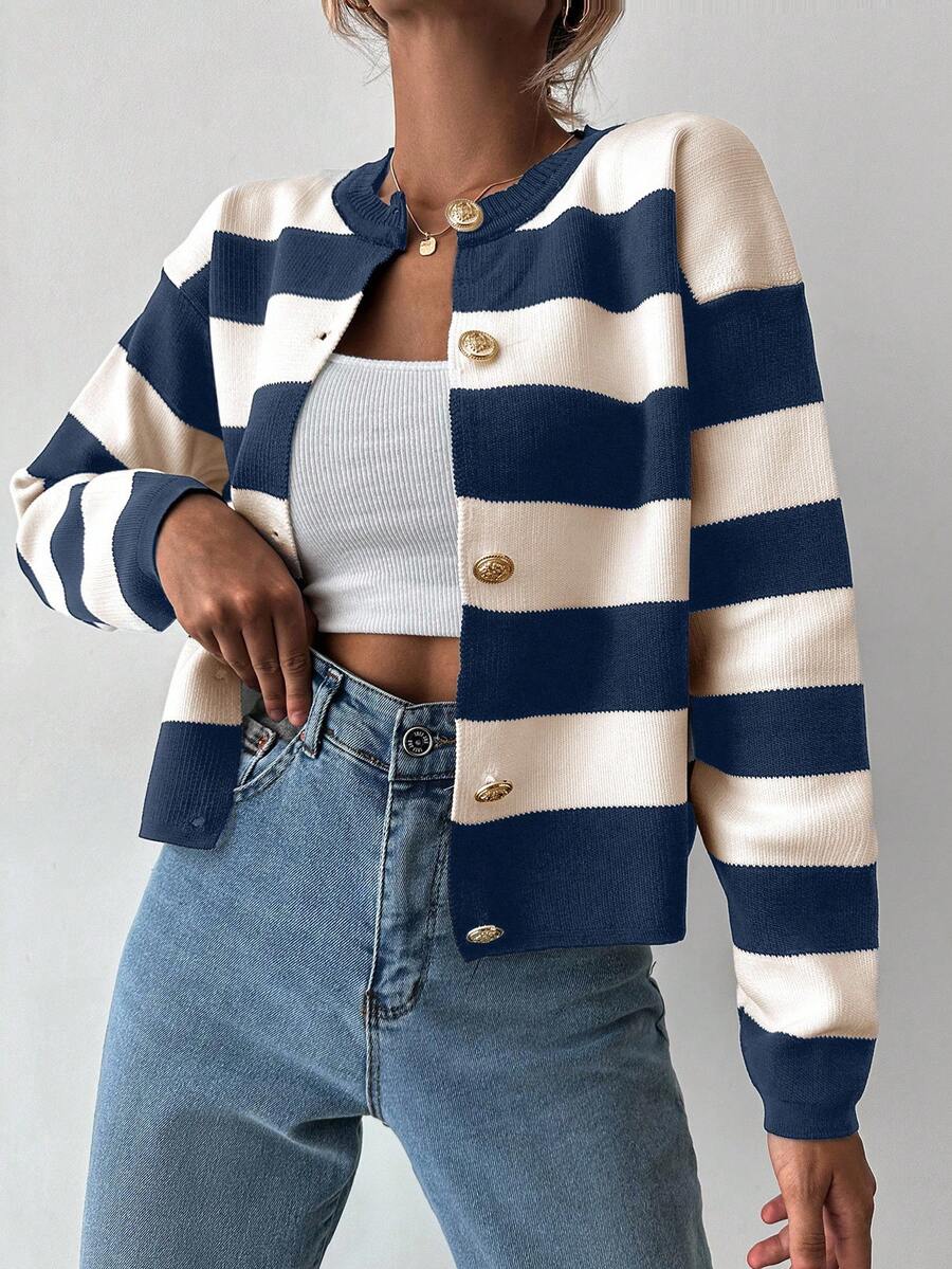 EURMUSE Women's Autumn Striped Long Sleeve Metal Single-Breasted Knit Cardigan - Dusty Blue - View 1