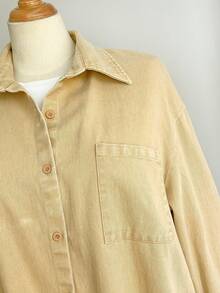 SHEIN LUNE 大码女式优雅休闲秋季宽松度假长袖衬衫，前开襟纽扣设计，可机洗，仿牛仔效果，水洗做旧风格，西部牛仔风，乡村音乐节圣诞节 - 卡其色 - 查看 4