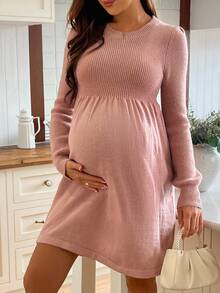 SHEIN Vestido de maternidad de punto de cuello redondo de unicolor de manga larga, otoño/invierno - Rosa vieja - Ver 4