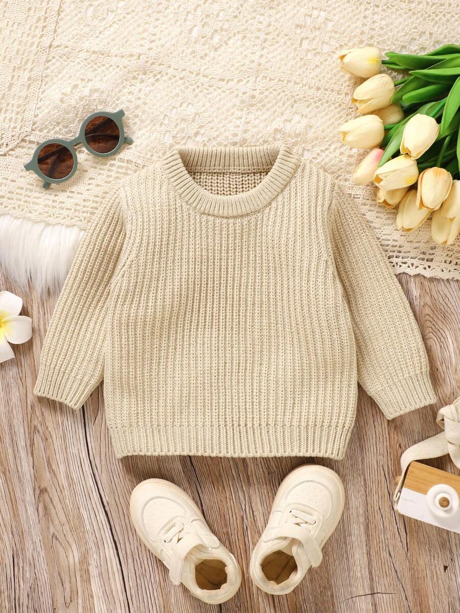 SHEIN Vintaside Kids Áo len chui đầu kẻ sọc màu trơn cho trẻ sơ sinh/bé trai - Màu Khaki - Xem 1